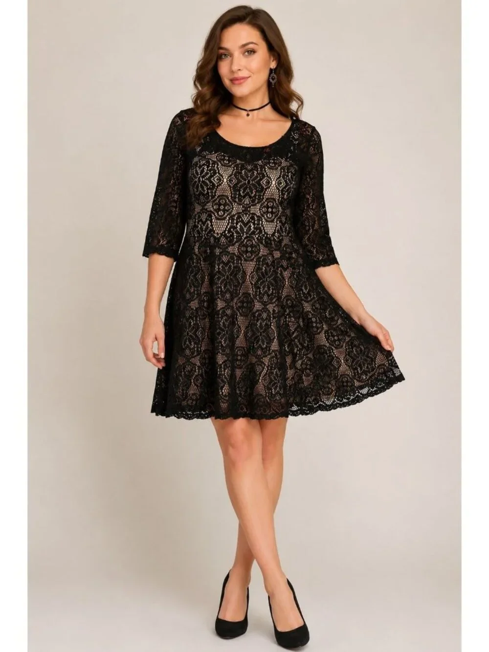 Betsey Johnson Black Lace Fit Flare Dress Nude Illusion Goth Coquette 14 Party